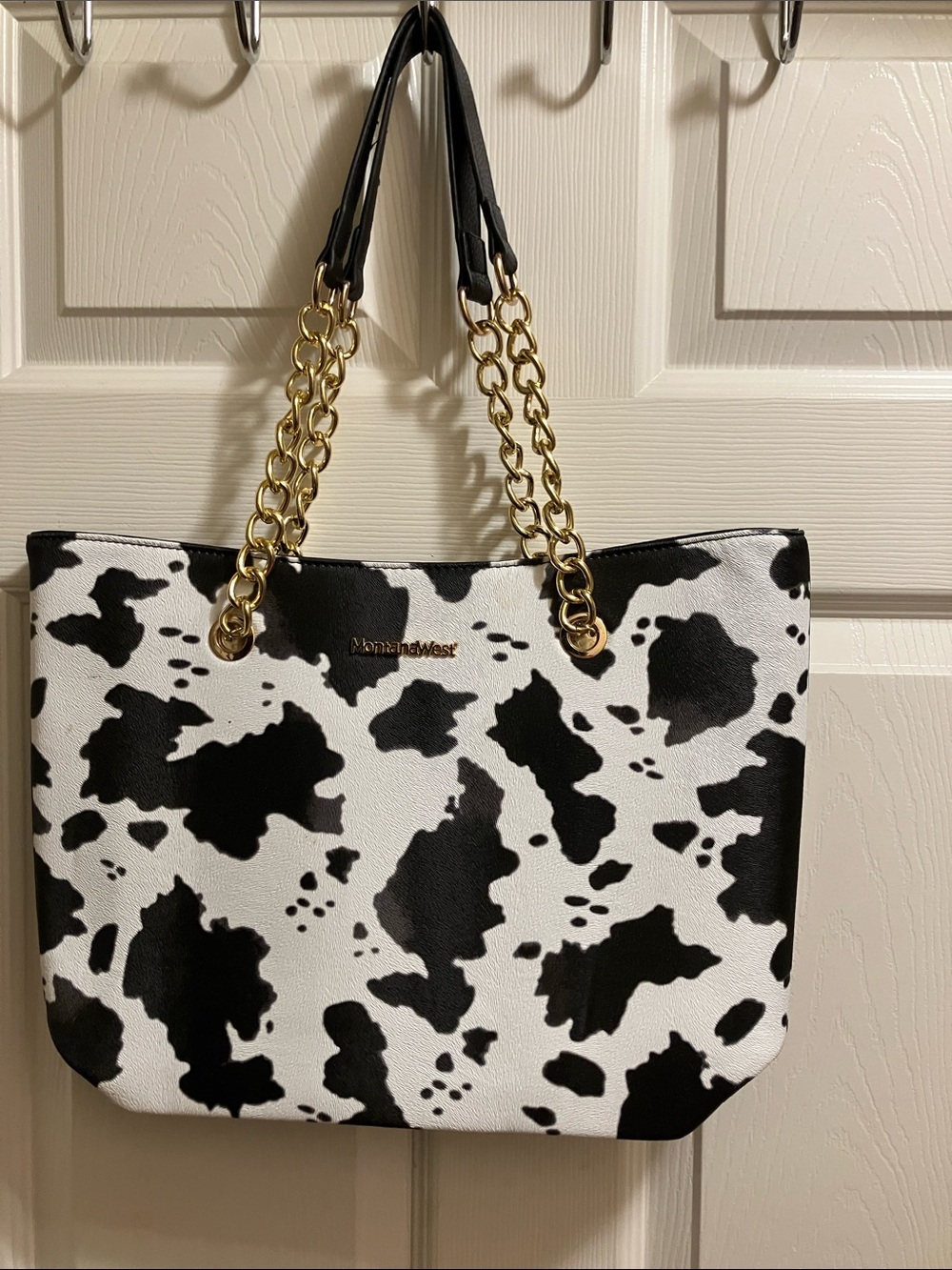 Montana West Black and White Cow-Print Chain Strap Tote